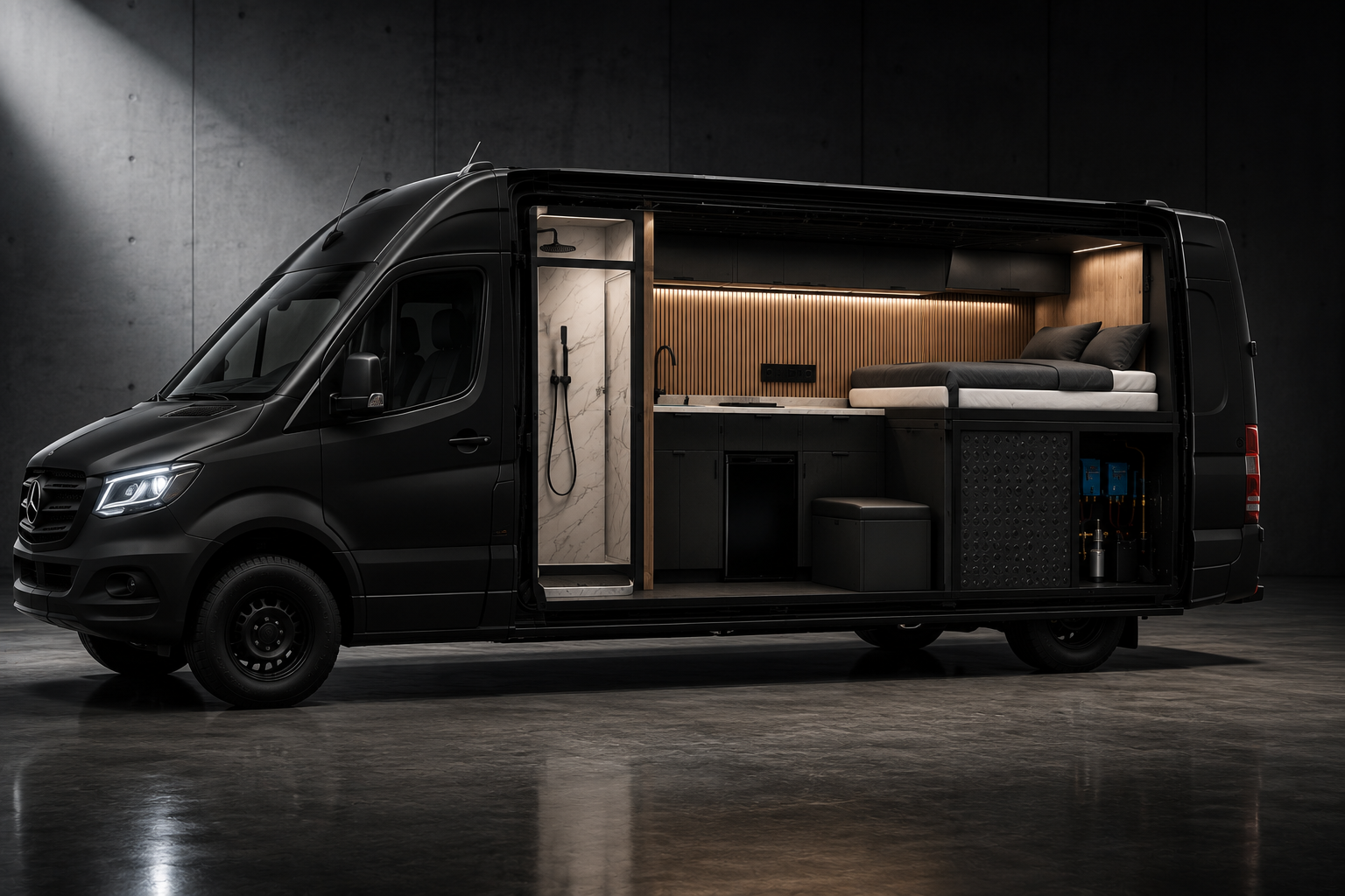 Matte black cargo van with installed MOPOD interior including bathroom, kitchen, and raised bed
