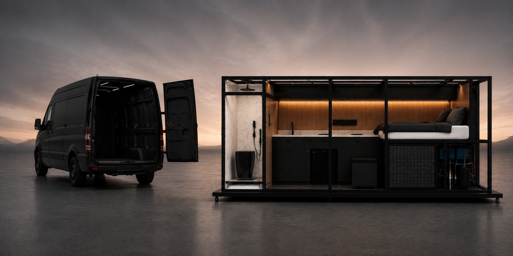 Matte black cargo van shown empty beside an extracted MOPOD habitation module demonstrating restored vehicle utility and independent accommodation.